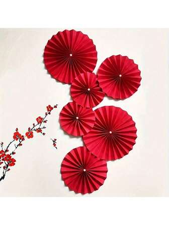 6 Adet/Takım, Yuvarlak Kırmızı Kağıt Yelpaze, Çin Yeni Yılı Restoranı İçin Kağıt Malzemeden Yapılmış Bahar Şenliği Ev Duvar Arka Plan Dekoru
