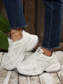 Women's Thick Sole Chunky Sneakers, Fashion Breathable Versatile New Platform Lightweight Casual Lace-Up Low-Top Shoes - White - View 2
