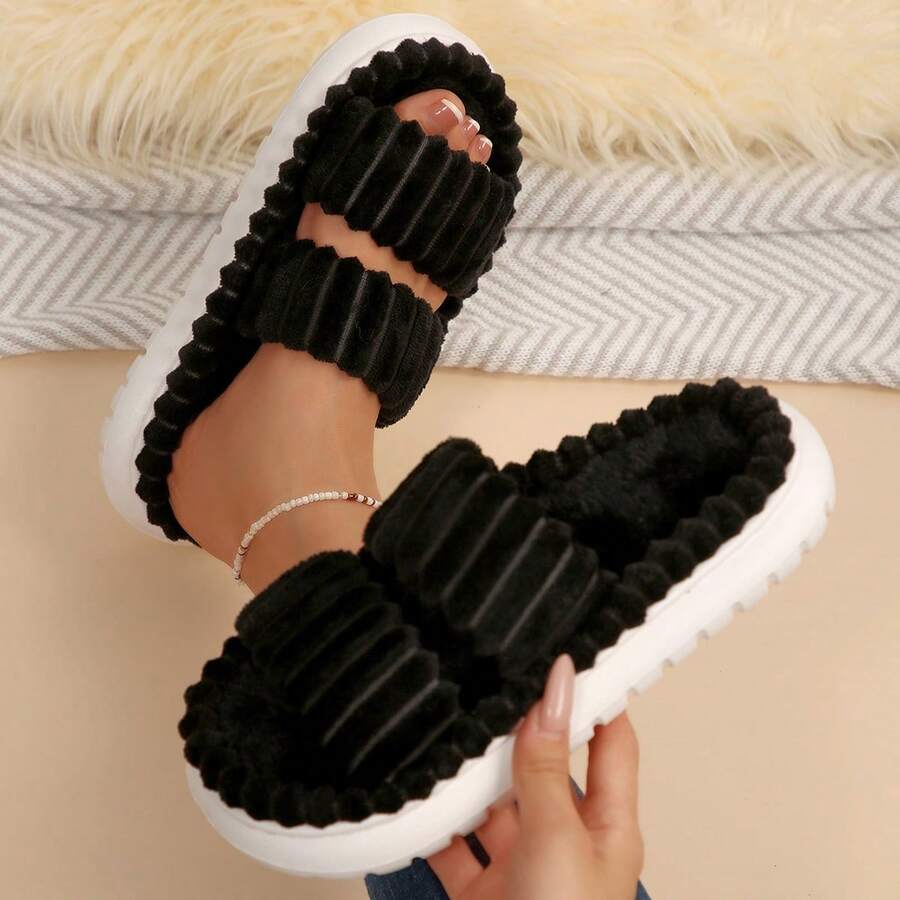 Slippers For Women Fall Winter Double Straps Plush Open Toe Memory Foam Bedroom Slippers Shoes Slippers Cotton Fuzzy Slippers Indoor House - 黑色 - 查看 1