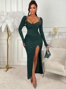 AIJ Amarilo Women's Autumn/Winter Fashionable And Sensual Long-Sleeved Dress For Parties And Gatherings Featuring A Plunging Neckline, Cross-Back Straps, Cinched Waist, And Split Hem Long-Length Design - Green - View 4