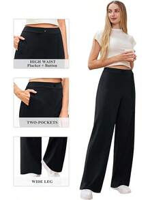 Women's Wide Leg Dress Pants Stretch High Waisted Work Pants Business Casual Slacks With Pockets - màu đen - Xem 5