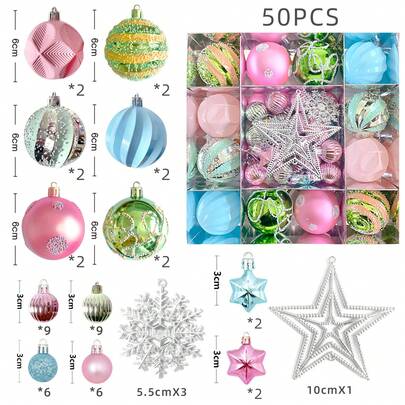 50pcs Christmas Tree Decorations, Macaron Candy Boxes, Colorful Plastic Balls, Painted Christmas Ball Ornaments