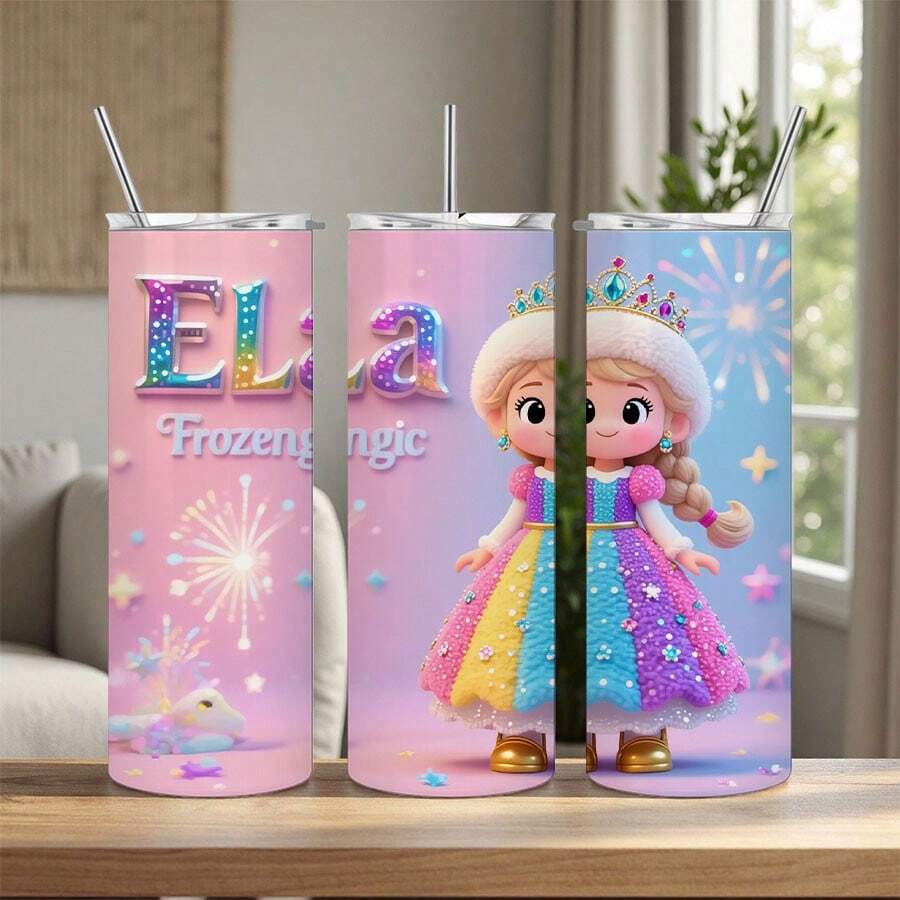 Frozen  20oz Stainless Steel Tumbler With Straw & Lid -  & Olaf Design (No Olaf),  Cup, 's Ice Magic Theme, Pink & Blue Sparkling Frozen Drinkware For, Christmas Gift,, Travel - 1 chiếc - Xem 1