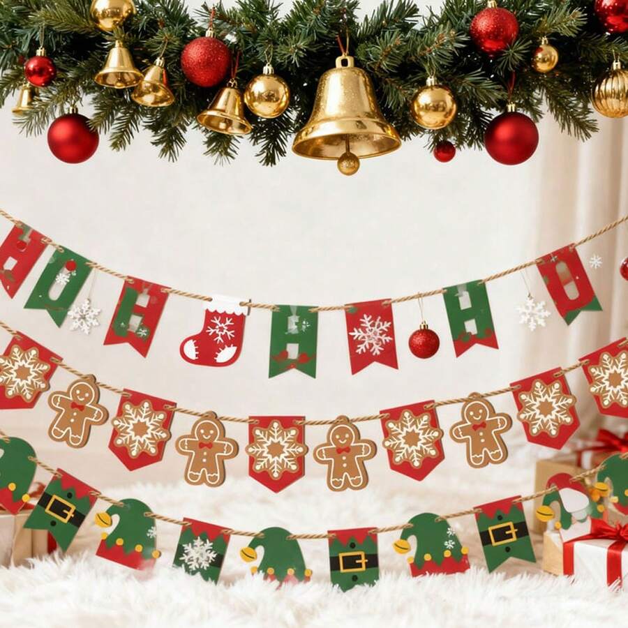 Christmas Wood Garland Boots/Gingerbread Man Hanging Decorations Party Supplies for Fireplace, Wall - Multicolor - Ver 1