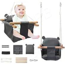 Columpio para Bebé de Lona con Cinturón de , Cojíníble y Soporte de Madera, Uso Interior y Exterior, Hamaca Portátil para Niños de 6 Meses a 3 Años, para Casa, Patio y Jardín - 1 - Ver 1