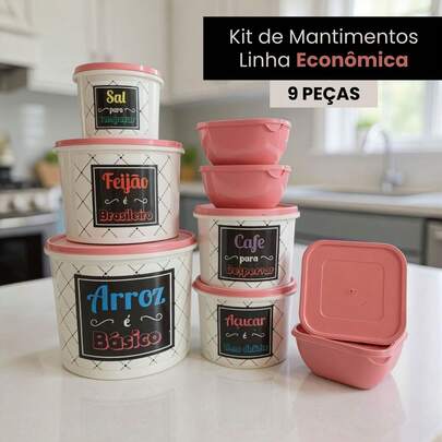Kit Conjunto de Mantimentos para Cozinha LINHA ECONÔMICA - 5 Mantimentos + 4 Potes Quadrados 500 ML Linha TPW