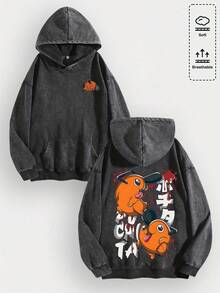 EWH Men Y2K Chain Saw Man "Po Chita" Anime Graphic Cotton Hoodie, Retro Casual Fashionable Daily Soft Warm Hoodies For Streetwear & Anime Enthusiasts 010-AB - 黑色 - 查看 11