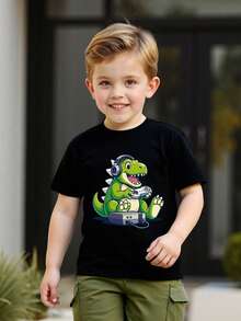 两件套幼儿男童夏季卡通恐龙印花短袖上衣和工装裤休闲装 - 軍綠色 - 查看 4