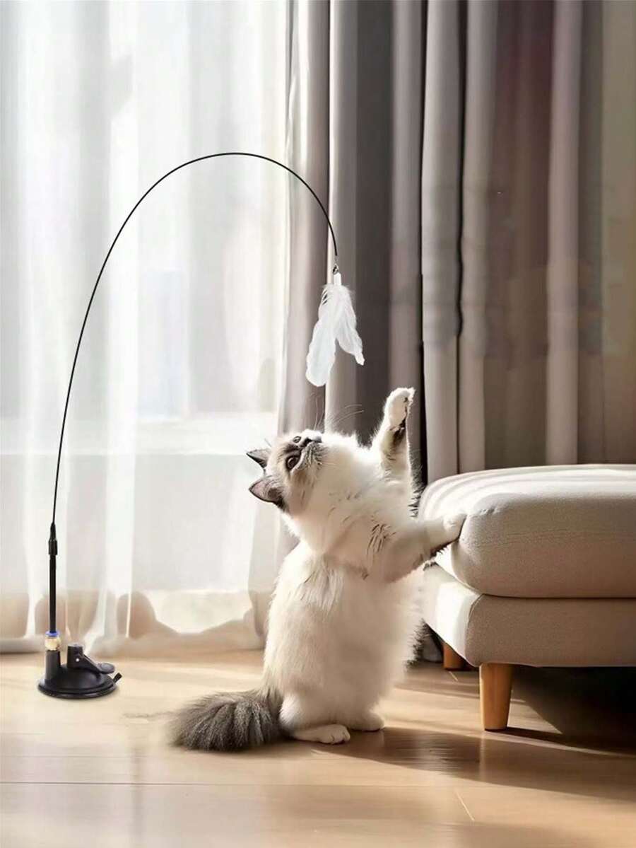 1个猫咪逗猫玩具，强力吸盘牢牢吸附在地板上，多色羽毛造型，带铃铛，互动性强，适合室内使用，帮助消耗猫咪能量。 - 查看 1