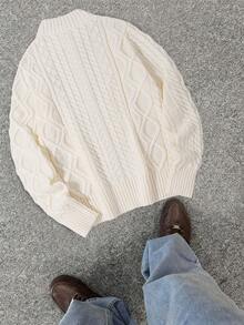 Men's Casual Solid Color Half-Zip Turtleneck Cable Knit Sweater, Autumn/Winter - Apricot - View 3