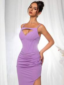VIPGIRL 女士紫色吊带开衩美人鱼优雅晚礼服 - 紫色 - 查看 5