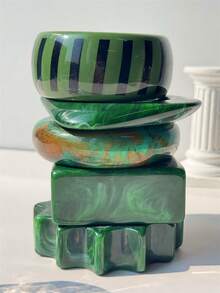 1 pieza Brazalete ancho de resina verde vintage con diseño geométrico, joyería gruesa con efecto tie-dye rayado