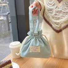 1pc Women's Handbag With Drawstring Closure, Simple And Durable, Women'S Versatile Corduroy Bag, Corduroy Drawstring Handbag, Lightweight Foldable Purse With Corduroy Exterior & Drawstring Closure, Minimalist Bag For Camping Travel, Work - Màu xanh bụi bặm - Xem 7