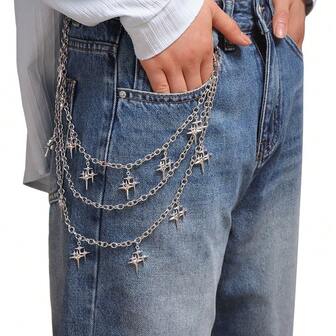 1 pieza Cadena de pantalón multicapa con cruz y picos, cadena de cintura metálica con estilo, accesorio personalizado para atuendo de mezclilla