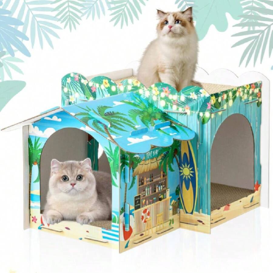Multi Level Cardboard Cat House With Scratchers Large Sturdy Cat Villa 17"X12"X10" Cute Pet Play Condo Beds Toys Hideout For Bunny Small Animals Birthday Christmas(Beach),28012483 - màu xanh lá - Xem 1