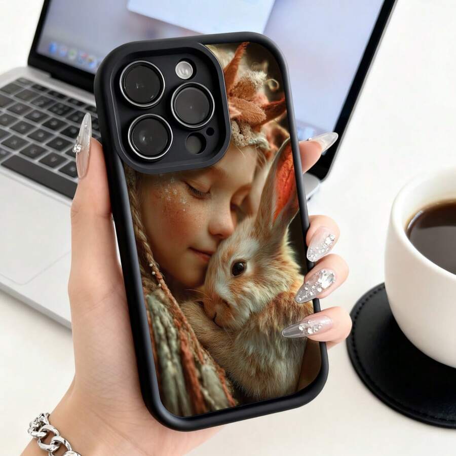 Cubierta de telefono con borde negro diseño de niña abrazando conejo estampado para uso diario y trabajo - Negro - Ver 1