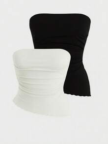 Set Of 2 Strapless Cropped Tops In Stretchy Fabric With Side Draping, Strapless Design, And Wavy Hem, Offering Style And Comfort. - Đen và trắng - Xem 2