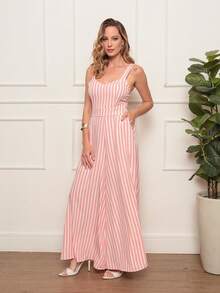Plain, Loose-Fitting Tailored Jumpsuit With Wide-Leg Pants And A Back Zipper. Super Comfortable. - Coral Striped - View 3