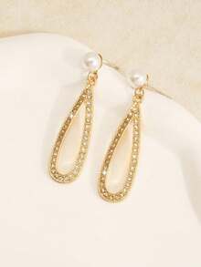 1 par de pendientes de perla en forma de lágrima con rhinestones, adecuados para mujeres, versátiles para uso diario, otoño/invierno - Oro 13 - Ver 2