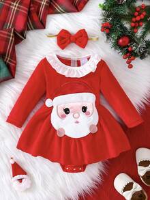 Baby Girl Christmas Style Bodysuit 2-Piece Set, Adorable Santa Claus Pattern Red Dress With White Ruffle Collar, Matching Bow Hair Accessory, Festive Design Suitable For Everyday Wear - Red - View 1