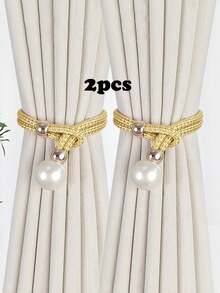 2pcs Faux Pearl Window Curtain Tie Backs - Champagne - View 16