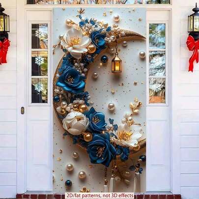 2D Polyester Ramadan Door Banner 1pc Elegant Crescent - Shaped Decor With Blue And White Flowers, Pearls And A Golden Lantern Eid Al-Fitr Photo Props And Supplies, Suitable For Muslim Ramadan And Eid Al-Adha Celebrations, Islamic-Themed Holiday Decorations