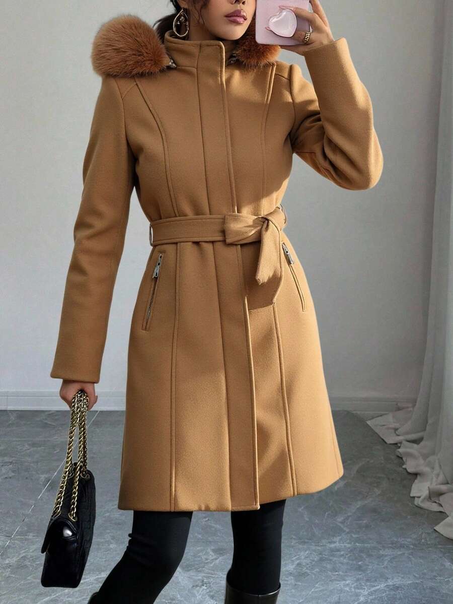 Abrigo largo con capucha para mujer, clásico y elegante, cuello con capucha y peluche desmontables. Manga larga. Tela de poliéster, interior forrado, cálido y agradable, apto para temporadas de otoño e invierno. Bolsillos frontales funcionales con cierre metálico. Ajuste con cierre metálico y cinturón de tela. - Café integral - Ver 1