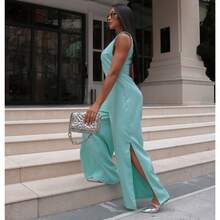Women's Tailored Long Jumpsuit With Side Slit - Blue - View 3