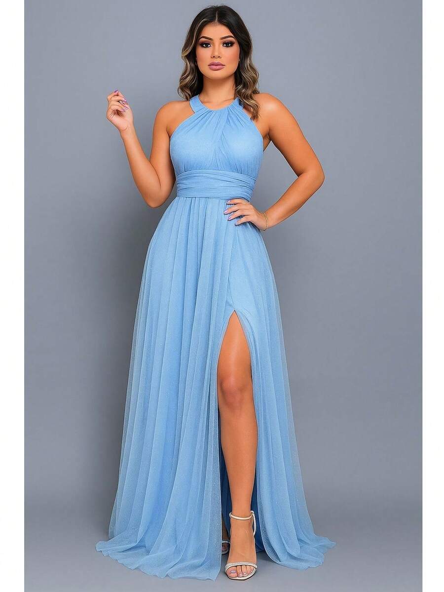 Dr Graduation Bridesmaid Dress With Slit Mint Green Olive Serenity Fuchsia Rose Navy Marsala Petrol Green Or Terracotta - 淺藍色 - 查看 1