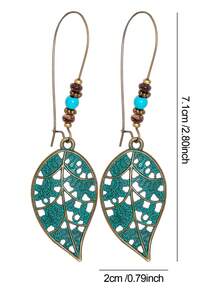 TopHanqi 樹葉耳墜樹葉復古古董青銅樹葉鏤空吊墜大掛耳式女士耳環 - 薄荷藍 - 查看 5