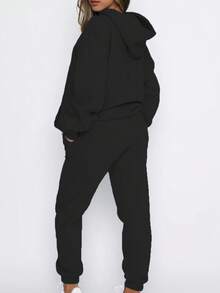 2pcs Women Casual Outdoor Sports Set, Street Fashion Hooded Sweatshirt Long Sleeve Top & Drawstring Loose Pants Suit