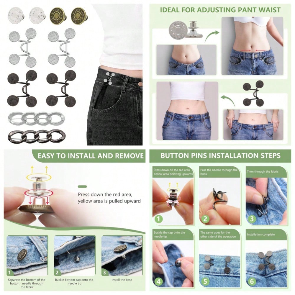 10-Pack No-Sew Waist Tightener Buttons For Jeans, Adjustable Reusable Jeans Button Replacement, Waist Cincher Clip For Dresses And Skirts