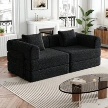 Sofá Cama Chenille 2 en 1 con Almacenamiento en el Reposabrazos, Tres Estructuras Metálicas y Múltiples Opciones de Configuración. Conjunto de Dos Piezas - Negro + Chenilla + 2 Asientos - Ver 11