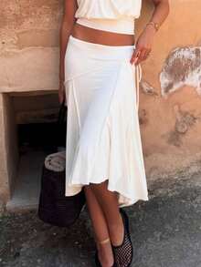 Vacation Style Chic Asymmetric Hem Skirt, Fashionable White Minimalist Side Tie Skirt Spring - White - View 1
