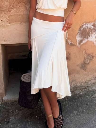 Vacation Style Chic Asymmetric Hem Skirt, Fashionable White Minimalist Side Tie Skirt Spring