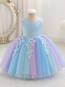Girls Dress New Stylish Cute Light Blue Sleeveless Dress, Sweet Rainbow Ombre Tulle Puff Skirt, 3-10 Years Old Girls Party, Birthday, Festival Occasion Dress, Lace Patchwork Colorful Maxi Princess Dress - Baby Blue - View 2