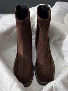 复古平底切尔西踝靴，低跟，百搭，后拉链，春秋季款 - 棕色 - 查看 2