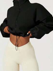 Women's Fleece Zip-Up Drawstring Waist Casual Sweatshirt, Elegant And Comfortable - màu đen - Xem 2