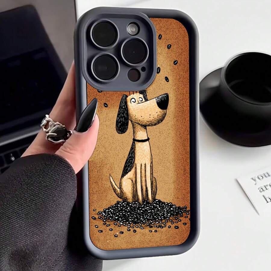 Funda para teléfono con borde negro diseño de perro dibujado sobre fondo marrón con granos de café ideal para uso diario y regalo original - Café integral - Ver 1