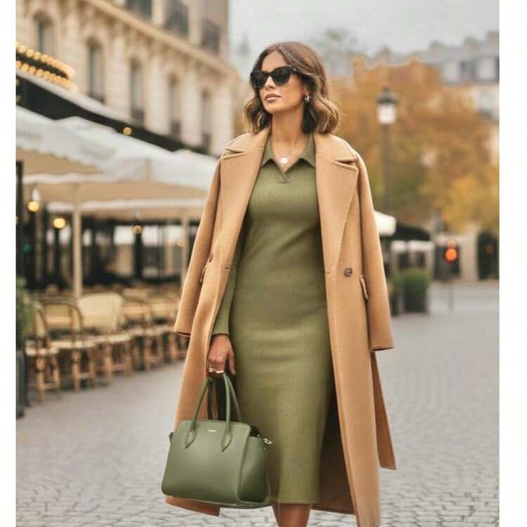 Vestido midi liso de punto canalé para mujer, con mangas largas y cuello tipo  polo, forro cálido, elegante corte. - Verde militar - Añade 4