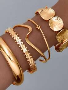 5pcs/Set Vintage Elegant Bohemian Style Delicate Floral Plain Twisted Geometric Open Bangle Bracelet Set With Elastic Bands, Suitable For Women's Daily, Party, Holiday, Vacation Wear, Perfect Gift Choice - Golden Yellow (5pcs) - View 2