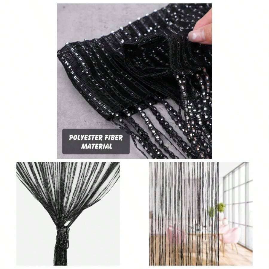String Curtain Panel, Glitter Door Wall Window Doorways Panel Fly Screen Fringe Room Divider Blinds, Decorative Tassel Ribbon Strip Silver Screen Living room, Bedroom, Party Events Black - Negro - Ver 1