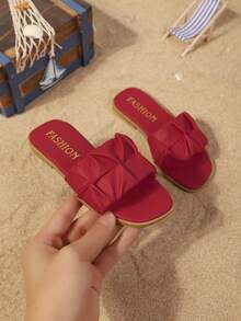 Children's Fashion Outdoor Slippers, Square Toe Flat Shoes, One-Piece Sandals, New Stylish Elegant Minimalist European And American Girls Shoes, High-End Beach Slippers - Red - View 3