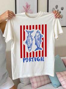 Women's Summer Casual T-Shirt, Y2K Letter & Car Print Round Neck Short Sleeve Crew Neck Tee For Holiday, Vacation, Spring Festival & Graphic Summer - 白色 - 查看 1