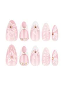 24 Pieces Per Set, Classic White French Floral Design, High Cost-Performance Personalized And Fashionable Artificial Nails, French Floral Almond-Shaped Design, 3D Water Diamond Metal Bead Decoration, Suitable For Ladies And Girls, Perfect For Parties, Dates And Vacations. Including Nail Care Tools. Change The Shape Of The Nails. Nail Care Products. Nail Art Tools. A Beginner In Manicure - 白色JP3855 - 查看 2