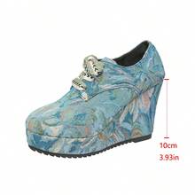 2026 New Women's Spring/Autumn Platform Lace-Up Thick Bottom Shoes, Fashionable Sexy High Heel Casual Outdoor Round Toe Shoes, Blue Floral Pattern Plus Size Winter Shoes - Baby Blue - View 8