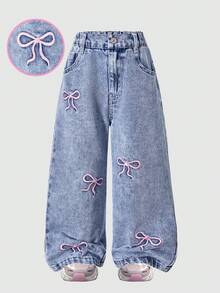 Young Girl Bow Embroidered Pocket Wide Leg Loose Jeans - Blue - View 8
