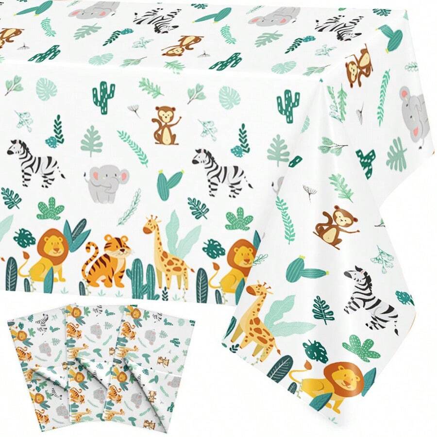 1/3pcs Jungle Safari Tablecloth Animal Plastic Tablecloth, Suitable For Grey-Green Wildlife Zoo Decoration, 138x220cm - Multicolor - View 1
