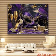 2D Flat Banner Luxurious Venetian Masquerade Ball Background Wall, Paired With Elegant Masks, Champagne Glasses, And Charming High Heels - Deep Purple Gold And Black Luxurious Photo Background, Adorned With Beads And Feathers - Durable And Suitable - 1 - View 4