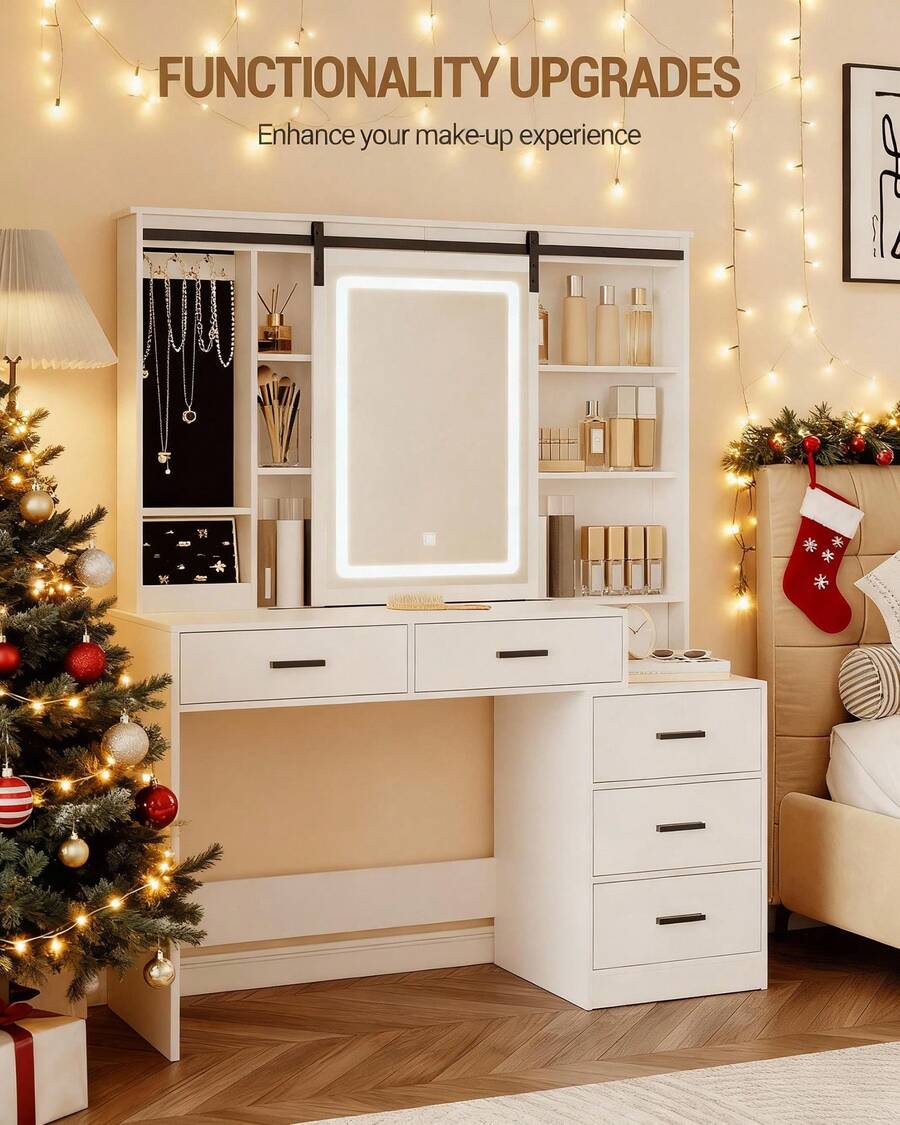 Hzuaneri Schminktisch, Abnehmbarer Großer Spiegel, mit Schmuckaufbewahrung, Offene Regale, 5 Schubladen, mit Beistelltisch, für Schlafzimmer, Weiß